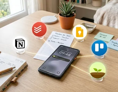 Applications gratuites indispensables : image ou photo représentant d'un smartphone posé sur un bureau, avec autour lui des icônes représentant les 5 apps (Notion, Todoist, Google Keep, Trello, Forest), et des éléments qui évoquent organisation et concentration : calendrier, checklist, petite plante, post‑its.