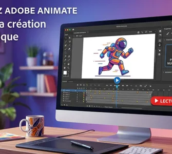 Adobe Animate : image ou photo d'un écran d’ordinateur affichant une interface d’animation avec une ligne du temps avec plusieurs images clés. Un petit personnage vectoriel coloré en mouvement. Des éléments graphiques comme un pinceau, un bouton lecture et des calques.