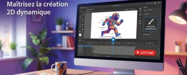 Adobe Animate : image ou photo d'un écran d’ordinateur affichant une interface d’animation avec une ligne du temps avec plusieurs images clés. Un petit personnage vectoriel coloré en mouvement. Des éléments graphiques comme un pinceau, un bouton lecture et des calques.
