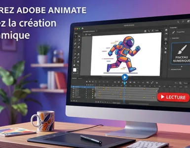 Adobe Animate : image ou photo d'un écran d’ordinateur affichant une interface d’animation avec une ligne du temps avec plusieurs images clés. Un petit personnage vectoriel coloré en mouvement. Des éléments graphiques comme un pinceau, un bouton lecture et des calques.