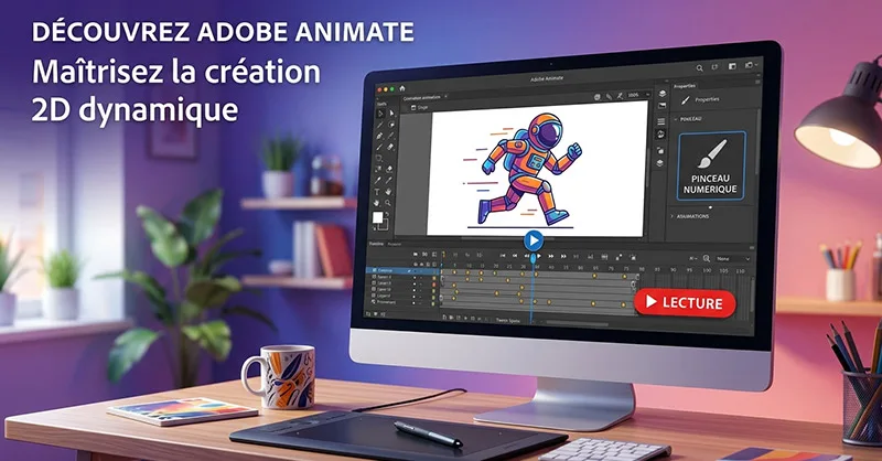Adobe Animate : image ou photo d'un écran d’ordinateur affichant une interface d’animation avec une ligne du temps avec plusieurs images clés. Un petit personnage vectoriel coloré en mouvement. Des éléments graphiques comme un pinceau, un bouton lecture et des calques.