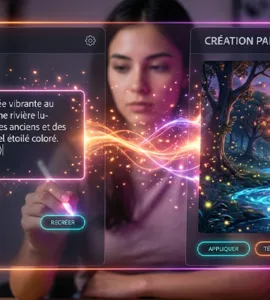 Adobe Firefly : image ou photo d'une interface futuriste inspirée d’Adobe Firefly, avec un écran partagé. À gauche, une phrase saisie dans une zone de prompt. À droite, cette phrase se transforme en une image colorée et réaliste. Ajoute des effets lumineux orange, rose et violet, avec quelques étincelles pour représenter la création par IA.