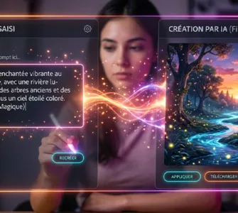 Adobe Firefly : image ou photo d'une interface futuriste inspirée d’Adobe Firefly, avec un écran partagé. À gauche, une phrase saisie dans une zone de prompt. À droite, cette phrase se transforme en une image colorée et réaliste. Ajoute des effets lumineux orange, rose et violet, avec quelques étincelles pour représenter la création par IA.