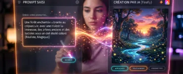 Adobe Firefly : image ou photo d'une interface futuriste inspirée d’Adobe Firefly, avec un écran partagé. À gauche, une phrase saisie dans une zone de prompt. À droite, cette phrase se transforme en une image colorée et réaliste. Ajoute des effets lumineux orange, rose et violet, avec quelques étincelles pour représenter la création par IA.