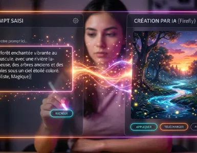 Adobe Firefly : image ou photo d'une interface futuriste inspirée d’Adobe Firefly, avec un écran partagé. À gauche, une phrase saisie dans une zone de prompt. À droite, cette phrase se transforme en une image colorée et réaliste. Ajoute des effets lumineux orange, rose et violet, avec quelques étincelles pour représenter la création par IA.