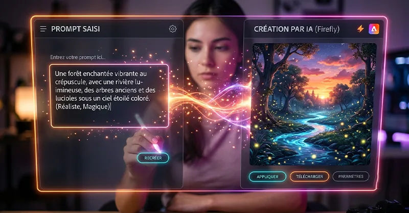Adobe Firefly : image ou photo d'une interface futuriste inspirée d’Adobe Firefly, avec un écran partagé. À gauche, une phrase saisie dans une zone de prompt. À droite, cette phrase se transforme en une image colorée et réaliste. Ajoute des effets lumineux orange, rose et violet, avec quelques étincelles pour représenter la création par IA.