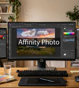 Alternatives à Photoshop : image ou photo d'un écran d’ordinateur au centre avec une photo en cours de retouche. Autour, trois fenêtres représentent Photopea, Gimp et Affinity Photo. Ajoute quelques outils graphiques, comme un pinceau, une palette de couleurs et des calques.