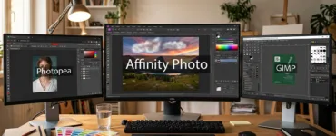 Alternatives à Photoshop : image ou photo d'un écran d’ordinateur au centre avec une photo en cours de retouche. Autour, trois fenêtres représentent Photopea, Gimp et Affinity Photo. Ajoute quelques outils graphiques, comme un pinceau, une palette de couleurs et des calques.