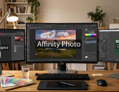 Alternatives à Photoshop : image ou photo d'un écran d’ordinateur au centre avec une photo en cours de retouche. Autour, trois fenêtres représentent Photopea, Gimp et Affinity Photo. Ajoute quelques outils graphiques, comme un pinceau, une palette de couleurs et des calques.