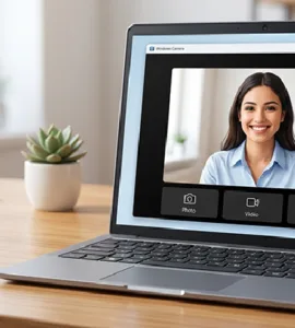 Application Caméra Windows : image ou photo d'un ordinateur portable affichant l’application Caméra de Windows, avec l’image d’une personne souriante à l’écran.