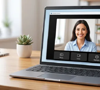 Application Caméra Windows : image ou photo d'un ordinateur portable affichant l’application Caméra de Windows, avec l’image d’une personne souriante à l’écran.