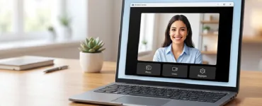 Application Caméra Windows : image ou photo d'un ordinateur portable affichant l’application Caméra de Windows, avec l’image d’une personne souriante à l’écran.