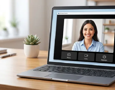 Application Caméra Windows : image ou photo d'un ordinateur portable affichant l’application Caméra de Windows, avec l’image d’une personne souriante à l’écran.