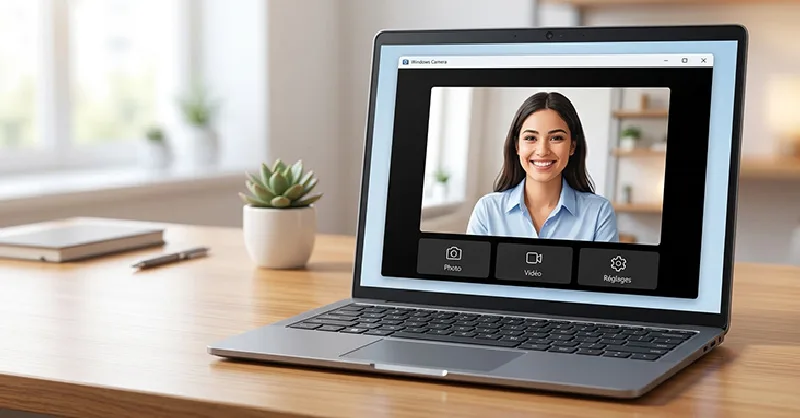 Application Caméra Windows : image ou photo d'un ordinateur portable affichant l’application Caméra de Windows, avec l’image d’une personne souriante à l’écran.