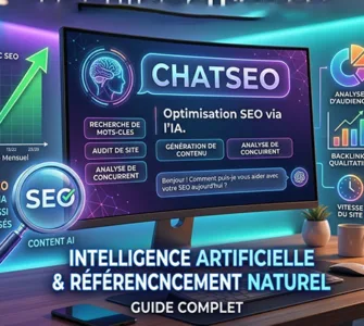 ChatSeo : image ou photo montrant un écran d’ordinateur avec une interface d’assistant IA au centre, entourée d’éléments SEO comme une courbe de trafic en hausse, une loupe, des mots-clés, des résultats de recherche Google stylisés et des icônes d’analyse.