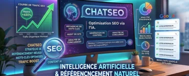 ChatSeo : image ou photo montrant un écran d’ordinateur avec une interface d’assistant IA au centre, entourée d’éléments SEO comme une courbe de trafic en hausse, une loupe, des mots-clés, des résultats de recherche Google stylisés et des icônes d’analyse.