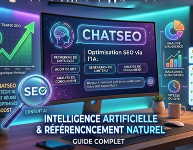 ChatSeo : image ou photo montrant un écran d’ordinateur avec une interface d’assistant IA au centre, entourée d’éléments SEO comme une courbe de trafic en hausse, une loupe, des mots-clés, des résultats de recherche Google stylisés et des icônes d’analyse.