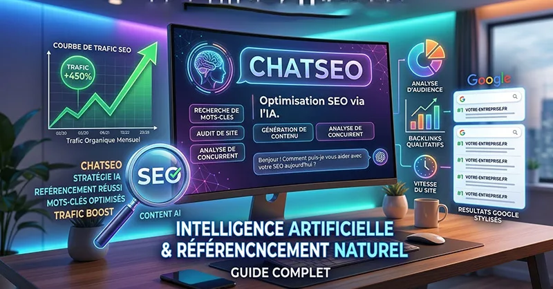 ChatSeo : image ou photo montrant un écran d’ordinateur avec une interface d’assistant IA au centre, entourée d’éléments SEO comme une courbe de trafic en hausse, une loupe, des mots-clés, des résultats de recherche Google stylisés et des icônes d’analyse.