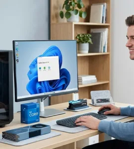 Configuration d'un PC : image ou photo d'un bureau moderne avec un ordinateur ouvert, des composants pc visibles autour comme un processeur, une carte graphique, une barrette de ram et un ssd.