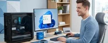 Configuration d'un PC : image ou photo d'un bureau moderne avec un ordinateur ouvert, des composants pc visibles autour comme un processeur, une carte graphique, une barrette de ram et un ssd.