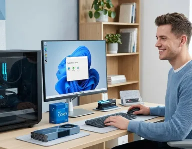 Configuration d'un PC : image ou photo d'un bureau moderne avec un ordinateur ouvert, des composants pc visibles autour comme un processeur, une carte graphique, une barrette de ram et un ssd.