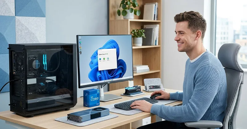 Configuration d'un PC : image ou photo d'un bureau moderne avec un ordinateur ouvert, des composants pc visibles autour comme un processeur, une carte graphique, une barrette de ram et un ssd.