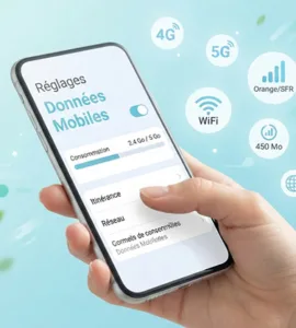 Données mobile : image ou photo d'un smartphone tenu dans une main, avec l’écran affichant les réglages des données mobiles. Autour du téléphone, on voit des icônes discrètes : 4G, 5G, wifi, barre de réseau et consommation internet.