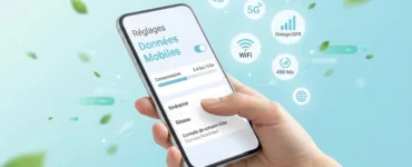 Données mobile : image ou photo d'un smartphone tenu dans une main, avec l’écran affichant les réglages des données mobiles. Autour du téléphone, on voit des icônes discrètes : 4G, 5G, wifi, barre de réseau et consommation internet.