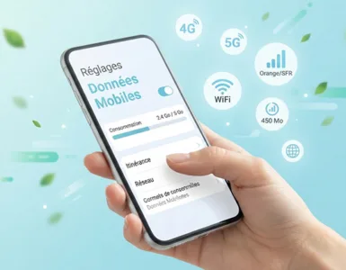 Données mobile : image ou photo d'un smartphone tenu dans une main, avec l’écran affichant les réglages des données mobiles. Autour du téléphone, on voit des icônes discrètes : 4G, 5G, wifi, barre de réseau et consommation internet.