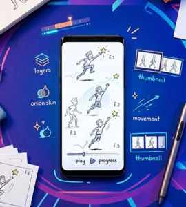 FlipaClip : image ou photo d'un smartphone au centre, avec une animation dessinée image par image sur l’écran. Autour, quelques croquis, calques, pinceaux et petites images de mouvement. Le fond peut être bleu violet, moderne et créatif.