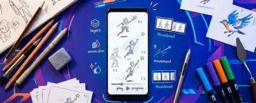 FlipaClip : image ou photo d'un smartphone au centre, avec une animation dessinée image par image sur l’écran. Autour, quelques croquis, calques, pinceaux et petites images de mouvement. Le fond peut être bleu violet, moderne et créatif.