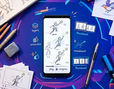 FlipaClip : image ou photo d'un smartphone au centre, avec une animation dessinée image par image sur l’écran. Autour, quelques croquis, calques, pinceaux et petites images de mouvement. Le fond peut être bleu violet, moderne et créatif.