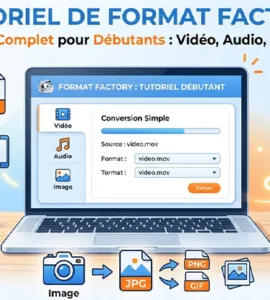 Format Factory : image ou photo montrant un ordinateur portable avec une interface simple de conversion de fichiers à l’écran, des icônes vidéo, audio et image autour, avec des flèches de conversion entre formats mp4, mp3, jpg et png.
