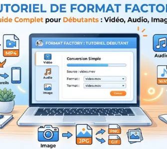 Format Factory : image ou photo montrant un ordinateur portable avec une interface simple de conversion de fichiers à l’écran, des icônes vidéo, audio et image autour, avec des flèches de conversion entre formats mp4, mp3, jpg et png.