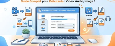 Format Factory : image ou photo montrant un ordinateur portable avec une interface simple de conversion de fichiers à l’écran, des icônes vidéo, audio et image autour, avec des flèches de conversion entre formats mp4, mp3, jpg et png.