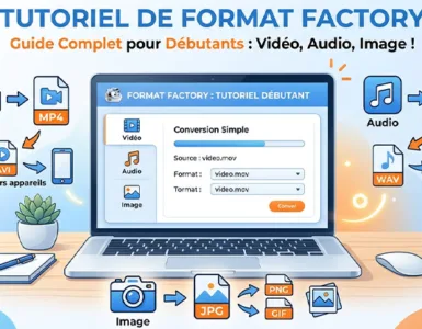 Format Factory : image ou photo montrant un ordinateur portable avec une interface simple de conversion de fichiers à l’écran, des icônes vidéo, audio et image autour, avec des flèches de conversion entre formats mp4, mp3, jpg et png.