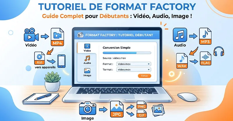 Format Factory : image ou photo montrant un ordinateur portable avec une interface simple de conversion de fichiers à l’écran, des icônes vidéo, audio et image autour, avec des flèches de conversion entre formats mp4, mp3, jpg et png.