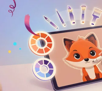 Krita : image ou photo affichant une illustration moderne montrant une tablette graphique avec une main qui dessine un personnage coloré.