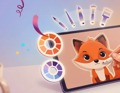 Krita : image ou photo affichant une illustration moderne montrant une tablette graphique avec une main qui dessine un personnage coloré.