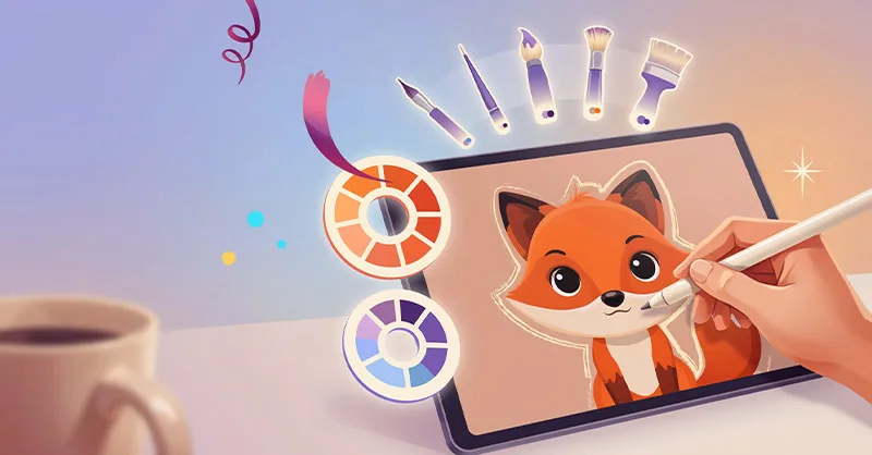 Krita : image ou photo affichant une illustration moderne montrant une tablette graphique avec une main qui dessine un personnage coloré.