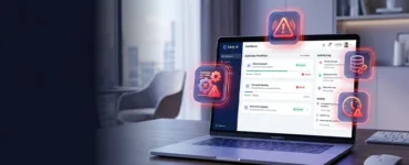 Lindy AI : image ou photo d'un ordinateur portable au centre avec une interface d’automatisation futuriste inspirée de l’IA.