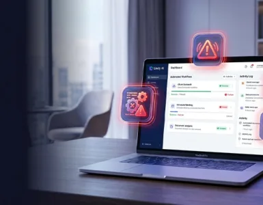 Lindy AI : image ou photo d'un ordinateur portable au centre avec une interface d’automatisation futuriste inspirée de l’IA.