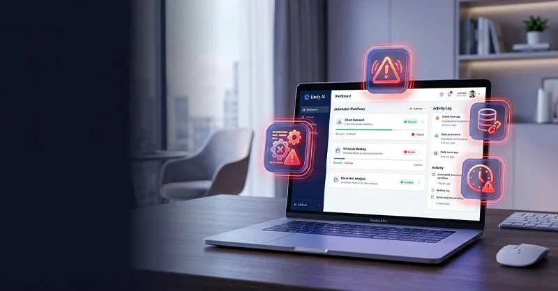 Lindy AI : image ou photo d'un ordinateur portable au centre avec une interface d’automatisation futuriste inspirée de l’IA.