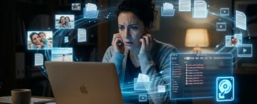 Logiciel de récupération de données : image ou photo d'une personne inquiète devant un ordinateur portable, avec un écran affichant des fichiers supprimés, une icône de disque dur et une lumière bleue qui symbolise la récupération des données.