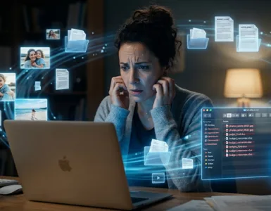 Logiciel de récupération de données : image ou photo d'une personne inquiète devant un ordinateur portable, avec un écran affichant des fichiers supprimés, une icône de disque dur et une lumière bleue qui symbolise la récupération des données.