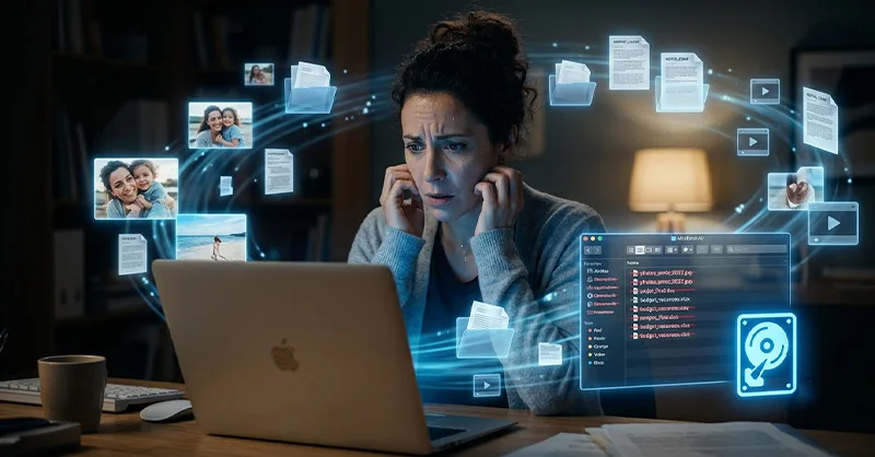 Logiciel de récupération de données : image ou photo d'une personne inquiète devant un ordinateur portable, avec un écran affichant des fichiers supprimés, une icône de disque dur et une lumière bleue qui symbolise la récupération des données.