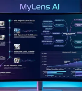 MyLens AI : image ou photo d'un écran d’ordinateur moderne affichant une frise chronologique, une carte mentale et un graphique générés par intelligence artificielle. Au centre, le logo ou le nom MyLens AI.