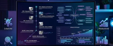 MyLens AI : image ou photo d'un écran d’ordinateur moderne affichant une frise chronologique, une carte mentale et un graphique générés par intelligence artificielle. Au centre, le logo ou le nom MyLens AI.