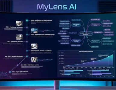 MyLens AI : image ou photo d'un écran d’ordinateur moderne affichant une frise chronologique, une carte mentale et un graphique générés par intelligence artificielle. Au centre, le logo ou le nom MyLens AI.
