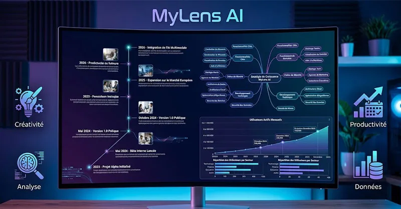 MyLens AI : image ou photo d'un écran d’ordinateur moderne affichant une frise chronologique, une carte mentale et un graphique générés par intelligence artificielle. Au centre, le logo ou le nom MyLens AI.